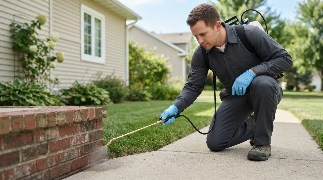Pest control technician treating a home near Big Springs, NE