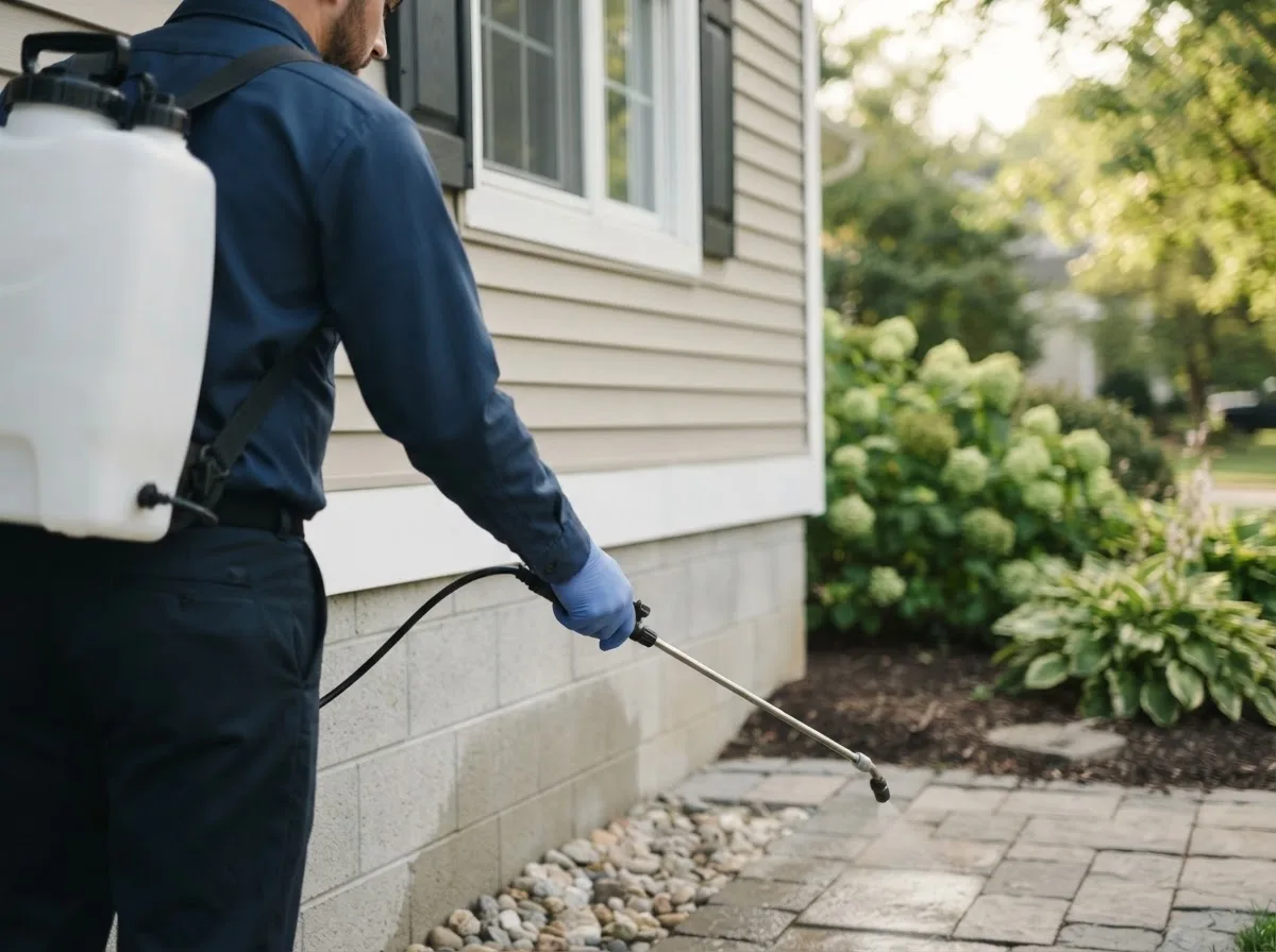 Pest control technician inspecting a home in Big Springs, NE